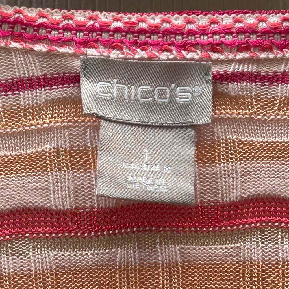 Chico’s Striped Pink White Fringed Open Front Cardigan Sweater Boho Size M - Picture 10 of 12
